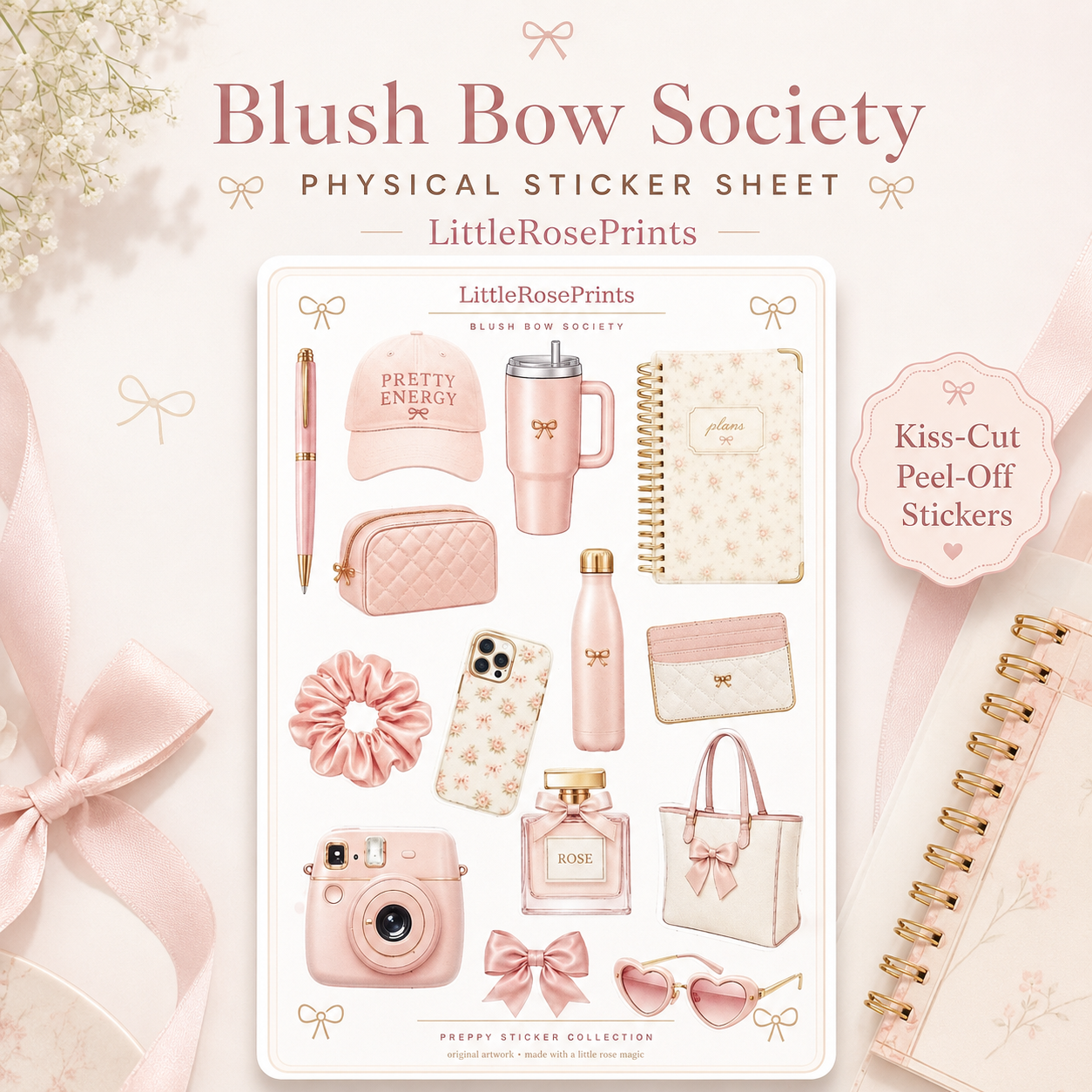 Blush Bow Sticker Sheet | Pink Preppy Aesthetic Stickers | Matte Vinyl Kiss Cut Stickers | Planner Stickers | Journal Stickers