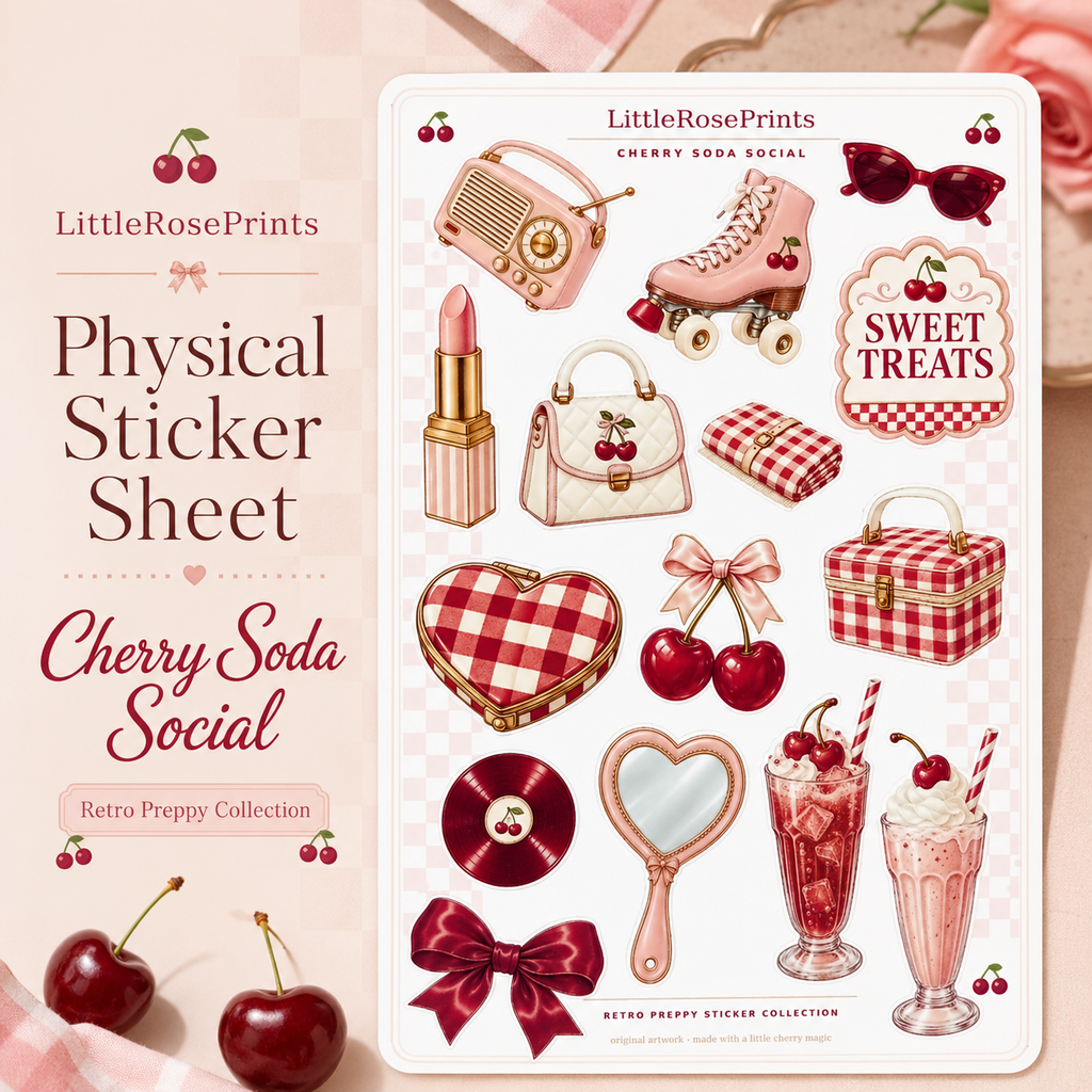 Cherry Soda Social Sticker Sheet | Retro Preppy Cherry Stickers | Pink Aesthetic Planner Stickers | Kiss Cut Sticker Sheet