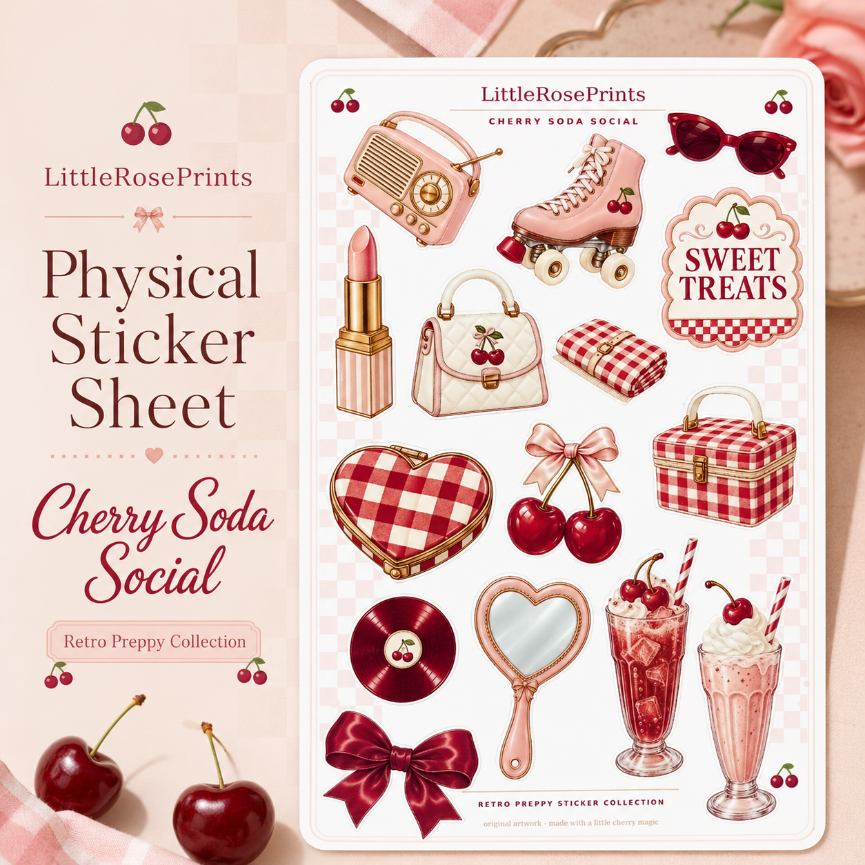 Cherry Soda Social Sticker Sheet | Retro Preppy Cherry Stickers | Pink Aesthetic Planner Stickers | Kiss Cut Sticker Sheet