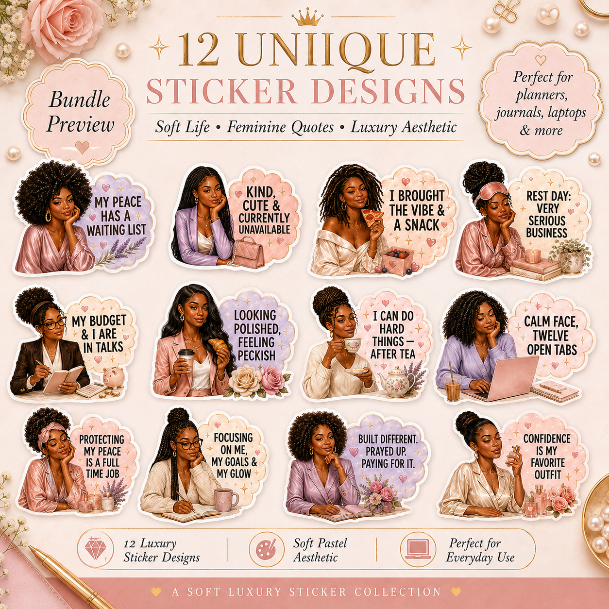 Soft Girl Era Sticker Bundle | Luxury Feminine Qoute PNG Sticker Bundle | Instand Download