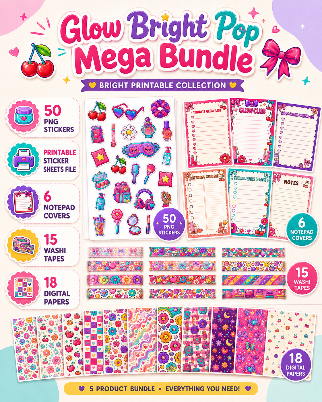 Glow Bright Pop Mega Bundle – Printable Stickers, Digital Papers & Planner Kit