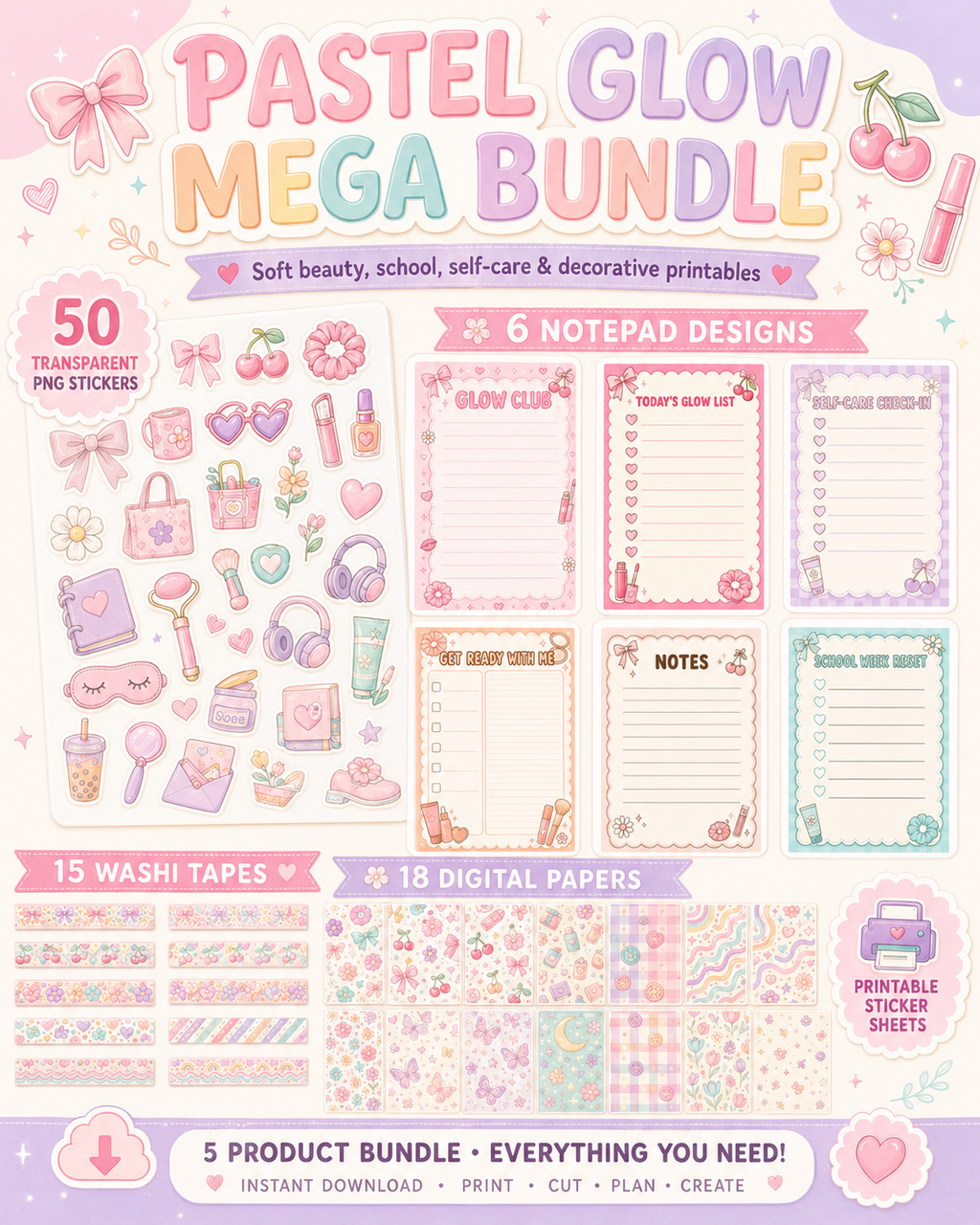 Pastel Glow Mega Bundle | 50 PNG Stickers + Printable Sticker Sheets + Digital Papers