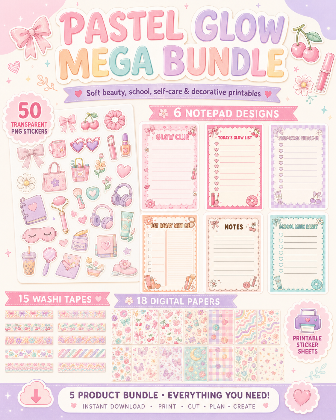 Pastel Glow Mega Bundle | 50 PNG Stickers + Printable Sticker Sheets + Digital Papers