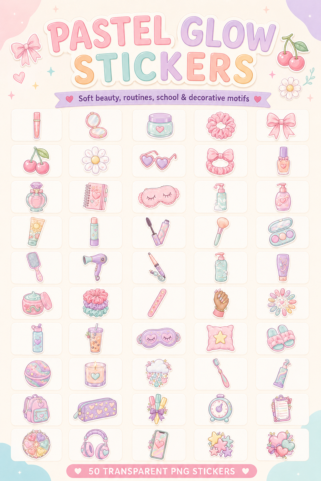 Pastel Glow Mega Bundle | 50 PNG Stickers + Printable Sticker Sheets + Digital Papers