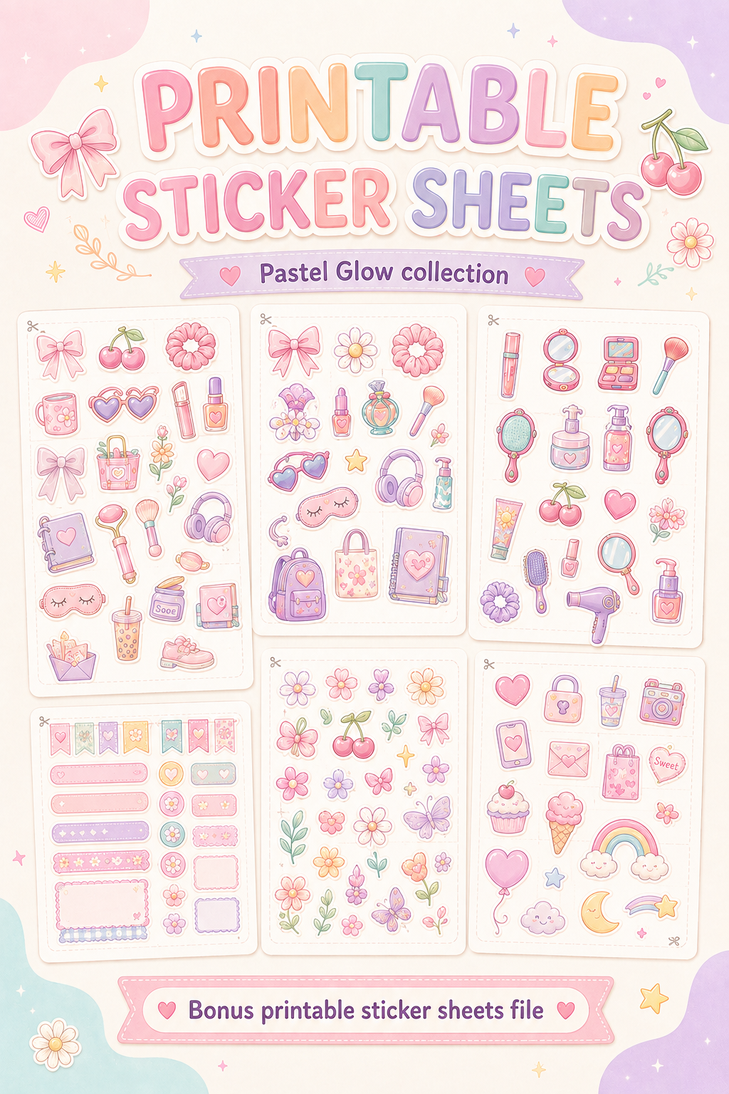Pastel Glow Mega Bundle | 50 PNG Stickers + Printable Sticker Sheets + Digital Papers