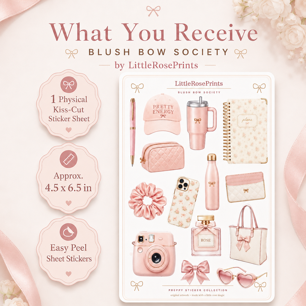 Blush Bow Sticker Sheet | Pink Preppy Aesthetic Stickers | Matte Vinyl Kiss Cut Stickers | Planner Stickers | Journal Stickers