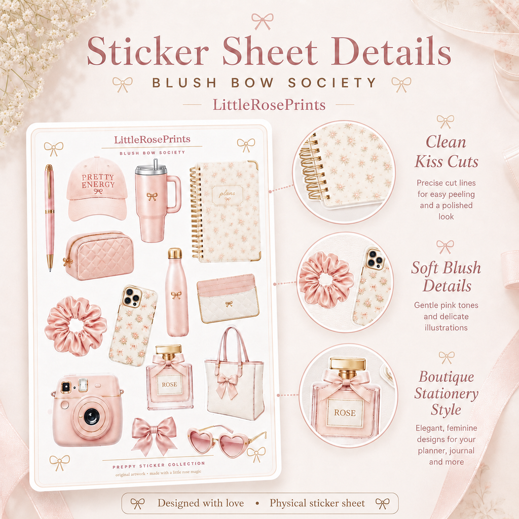 Blush Bow Sticker Sheet | Pink Preppy Aesthetic Stickers | Matte Vinyl Kiss Cut Stickers | Planner Stickers | Journal Stickers