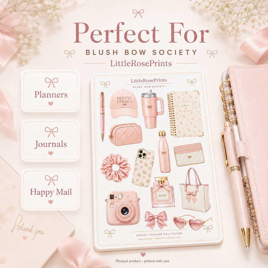 Blush Bow Sticker Sheet | Pink Preppy Aesthetic Stickers | Matte Vinyl Kiss Cut Stickers | Planner Stickers | Journal Stickers