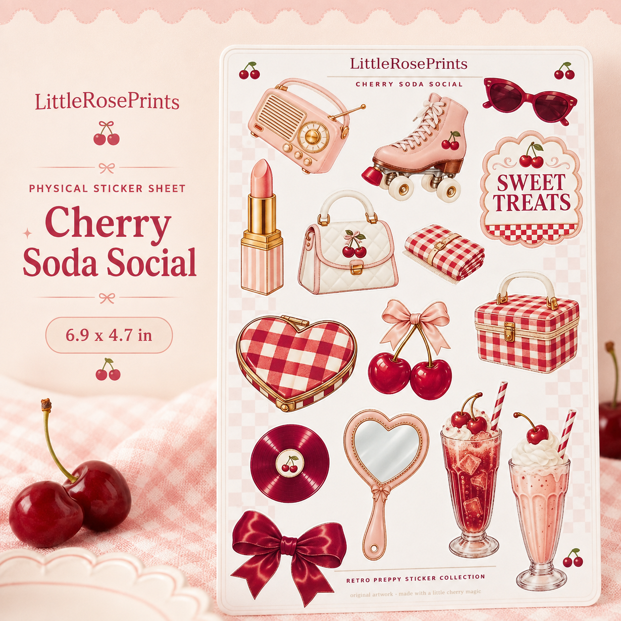 Cherry Soda Social Sticker Sheet | Retro Preppy Cherry Stickers | Pink Aesthetic Planner Stickers | Kiss Cut Sticker Sheet