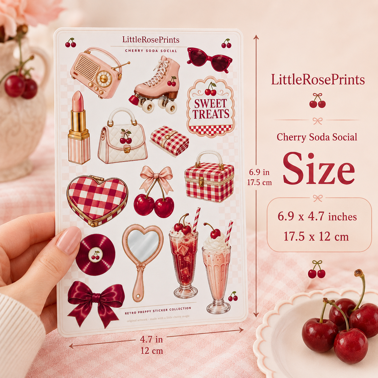 Cherry Soda Social Sticker Sheet | Retro Preppy Cherry Stickers | Pink Aesthetic Planner Stickers | Kiss Cut Sticker Sheet