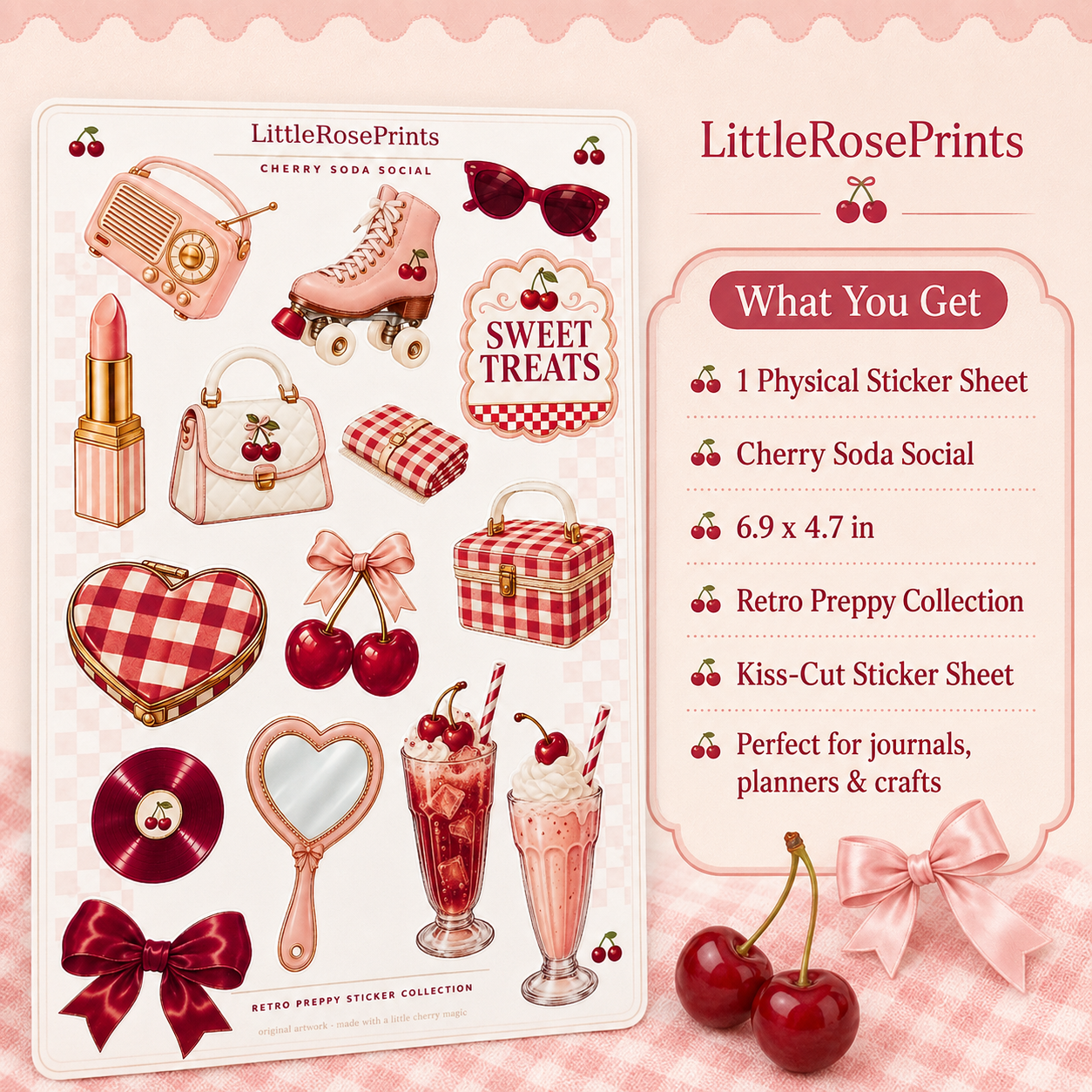 Cherry Soda Social Sticker Sheet | Retro Preppy Cherry Stickers | Pink Aesthetic Planner Stickers | Kiss Cut Sticker Sheet