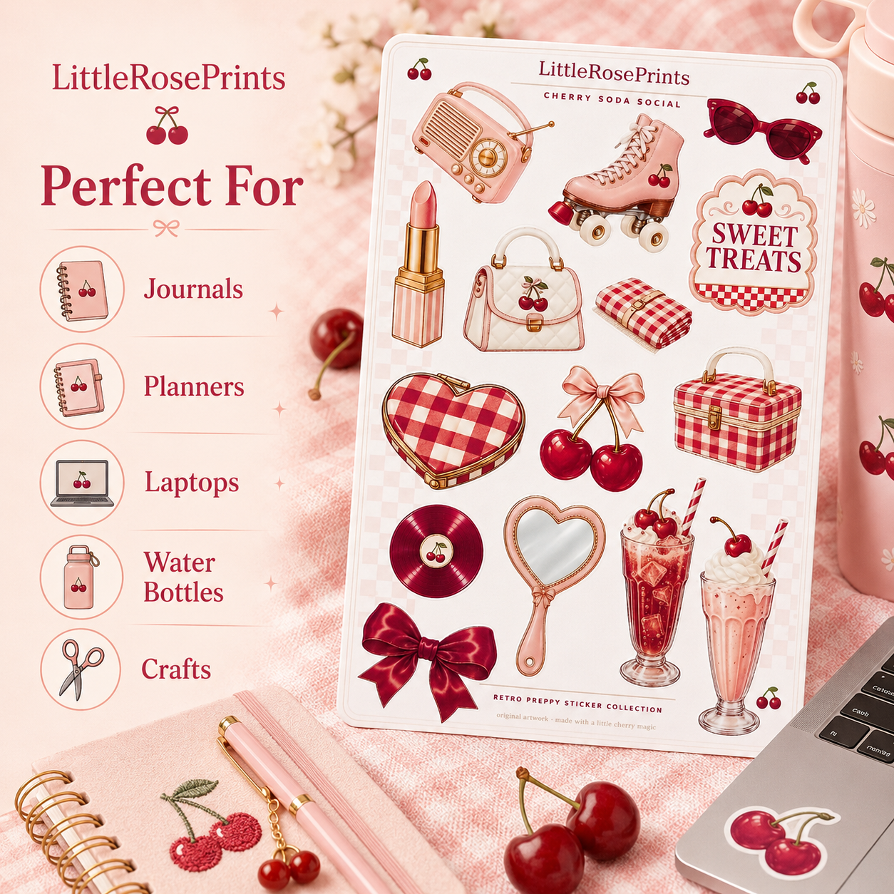 Cherry Soda Social Sticker Sheet | Retro Preppy Cherry Stickers | Pink Aesthetic Planner Stickers | Kiss Cut Sticker Sheet