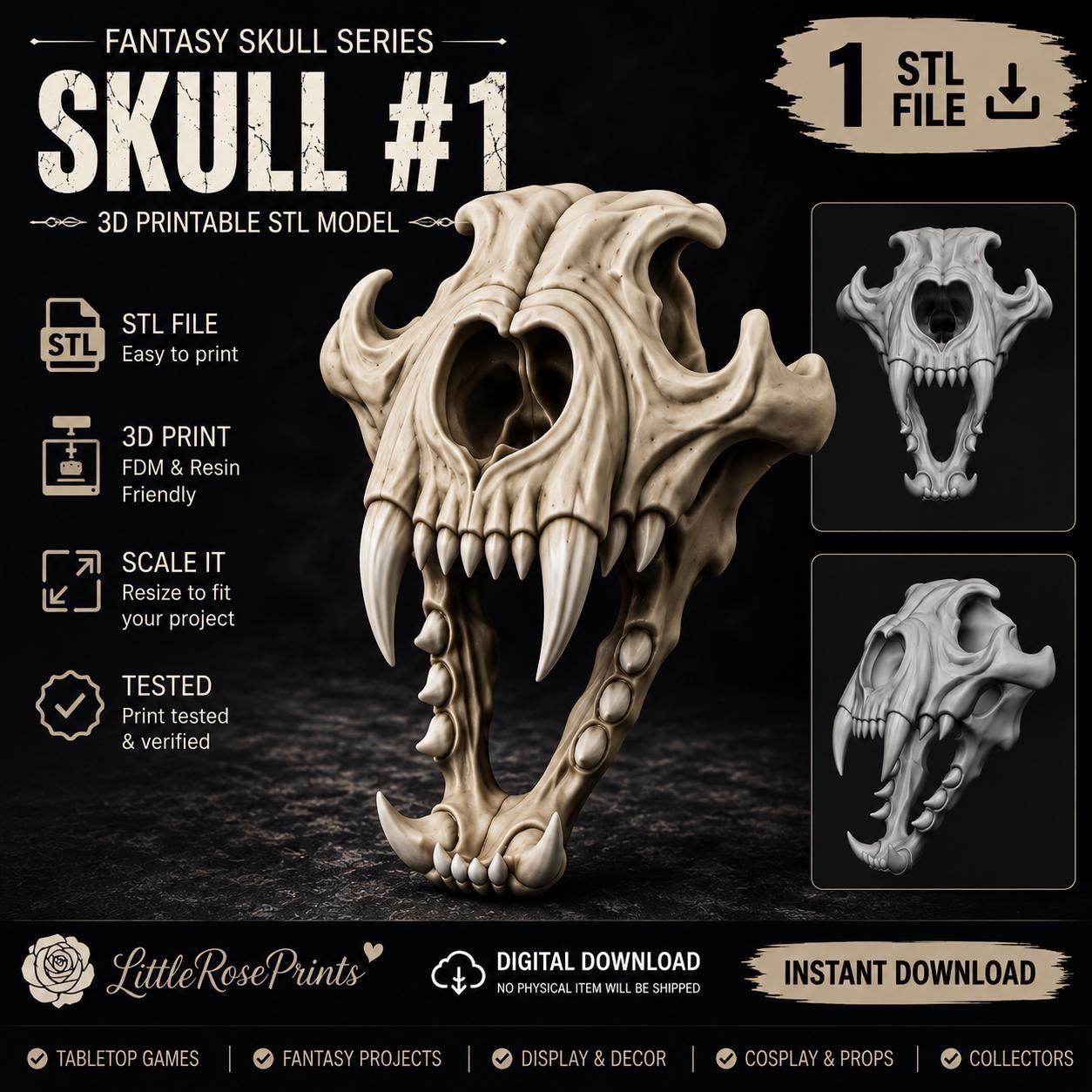 2 Skull STL Bundle | 75mm & 120mm Fantasy Skull Models | 3D Printable Resin Files | Digital Download | Hobby Ready