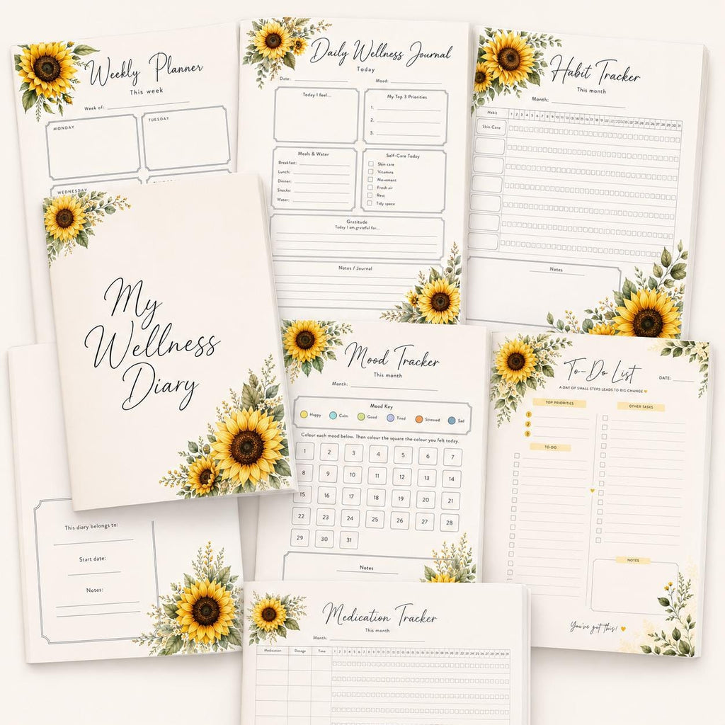 Sunflower Wellness Diary Printable Planner | Daily Journal, Habit Tracker (Digital Download)