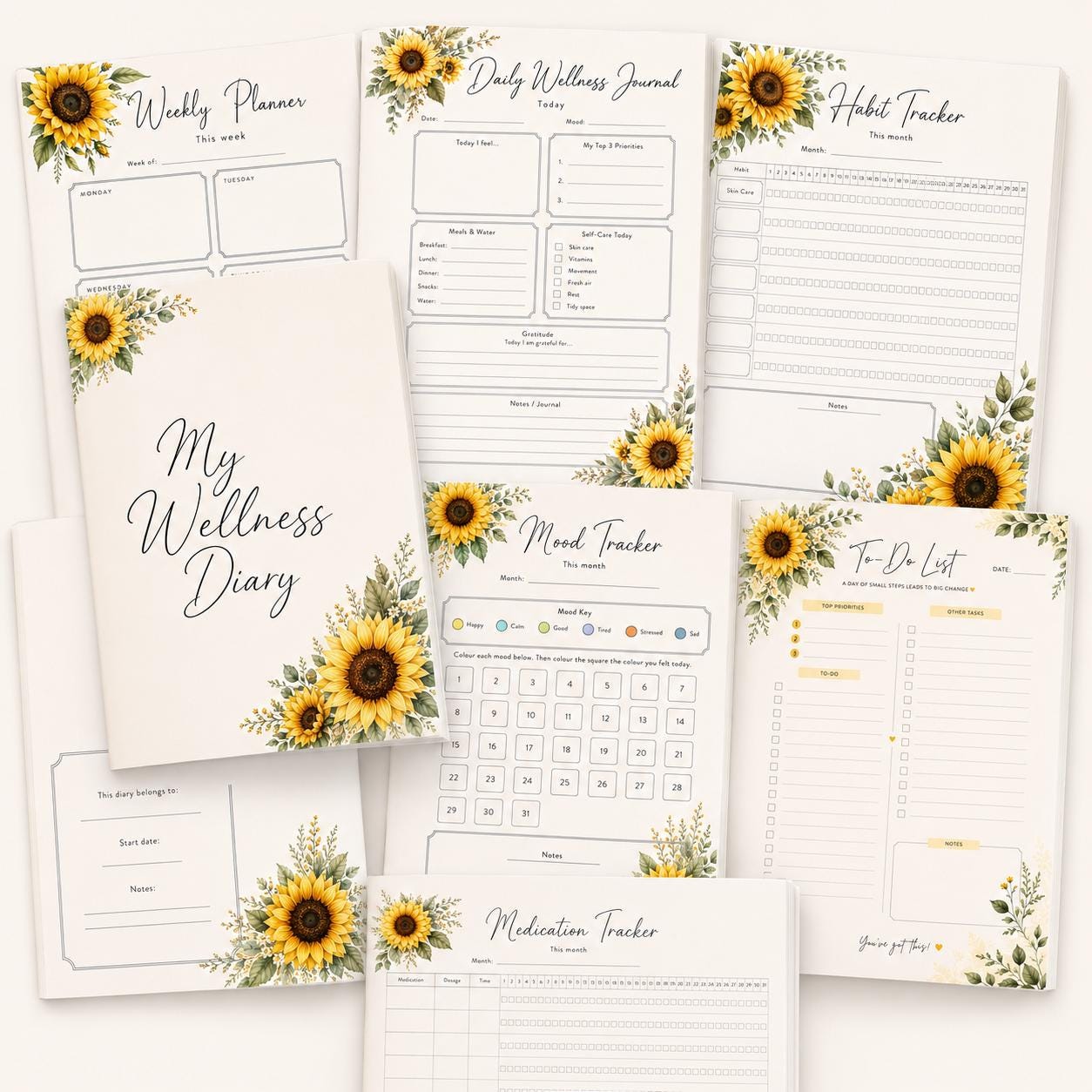 Sunflower Wellness Diary Printable Planner | Daily Journal, Habit Tracker (Digital Download)