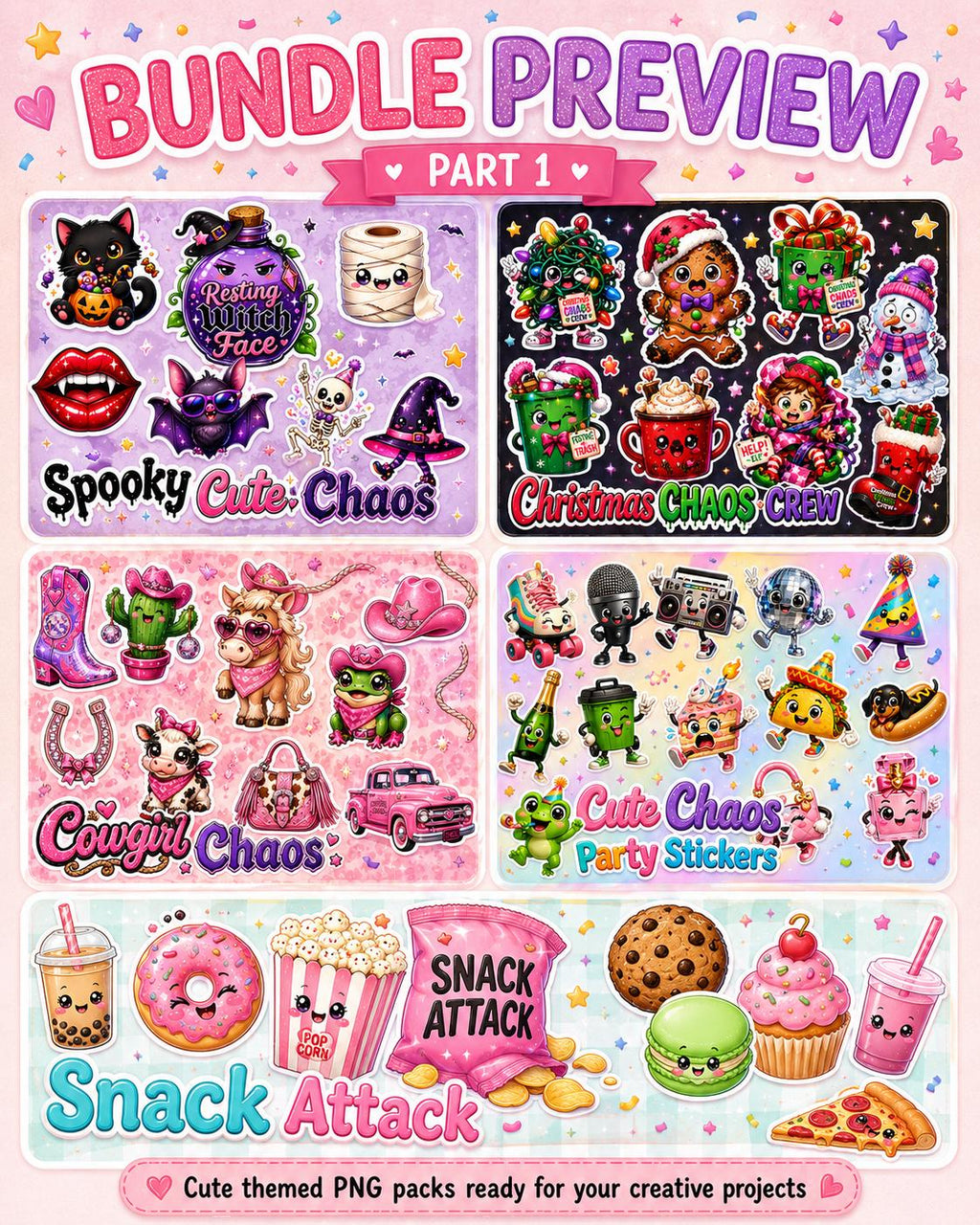 Mega Bundle 93 Cute PNG Stickers: Kawaii Clipart with 9 Themed Packs