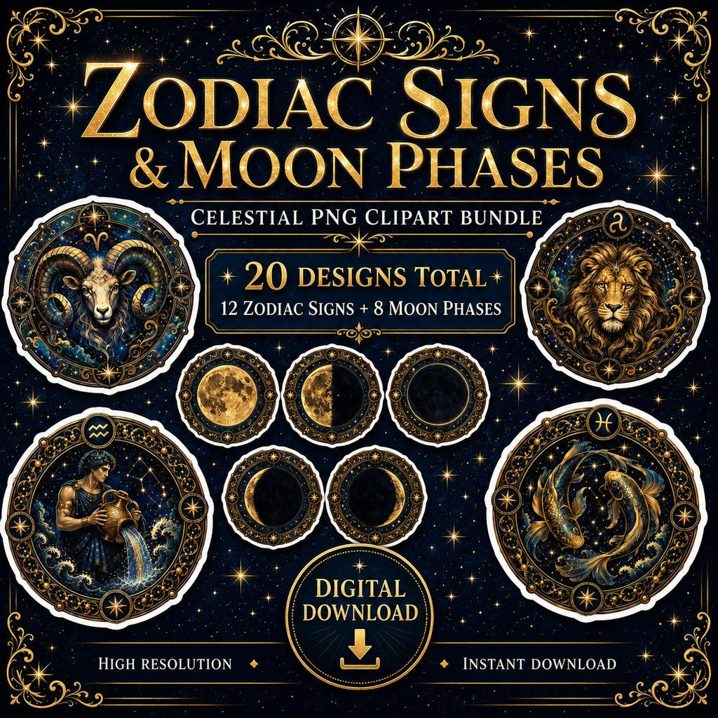 Zodiac Signs Clipart Bundle | Moon Phase PNG | Celestial Astrology Clip Art | 12 Zodiac PNG + 8 Moon Phases | Transparent Background