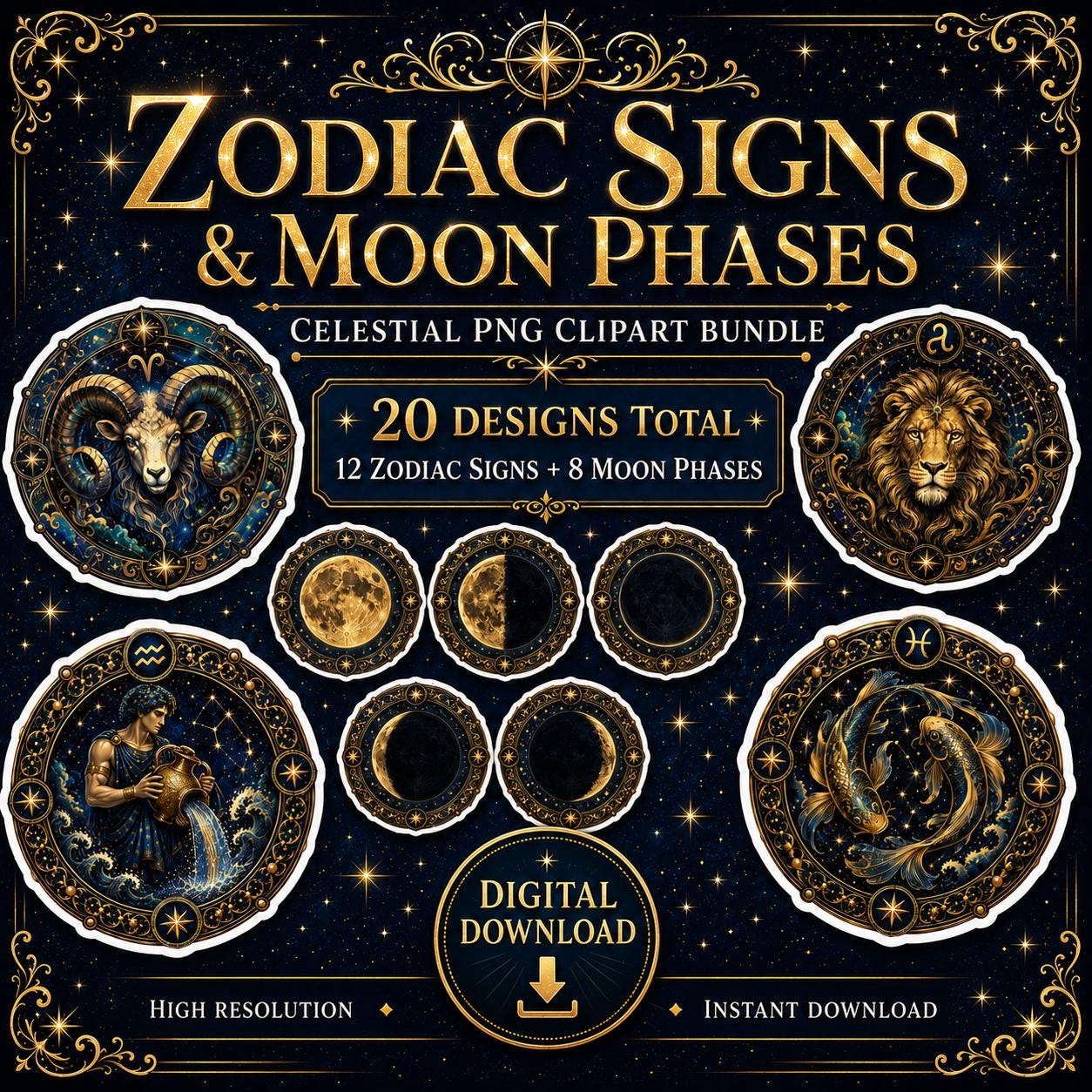 Zodiac Signs Clipart Bundle | Moon Phase PNG | Celestial Astrology Clip Art | 12 Zodiac PNG + 8 Moon Phases | Transparent Background
