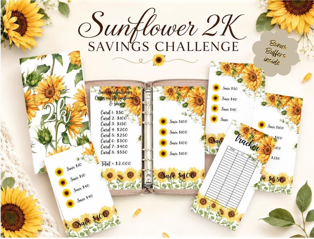 Sunflower 2K Savings Challenge Bundle | Printable Cash Stuffing Tracker (Digital Download)