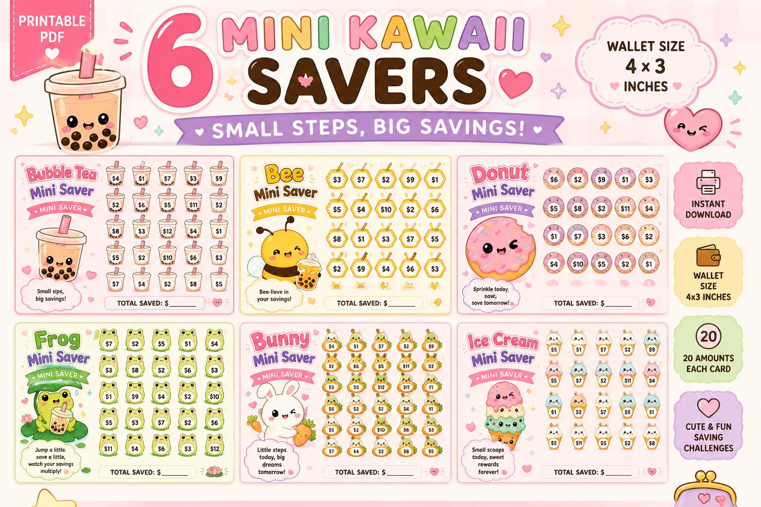 6 Mini Kawaii Savings Challenge Cards | Wallet Size Tracker (4x3 Inch) (Digital Download)