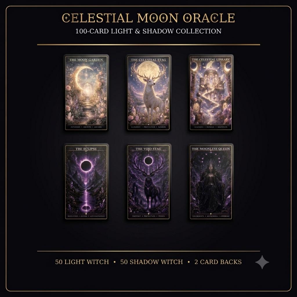 Celestial Moon Oracle Deck | Printable Digital Oracle Cards | Fantasy Witchy Card Deck | Spiritual Divination Cards | Instant Download