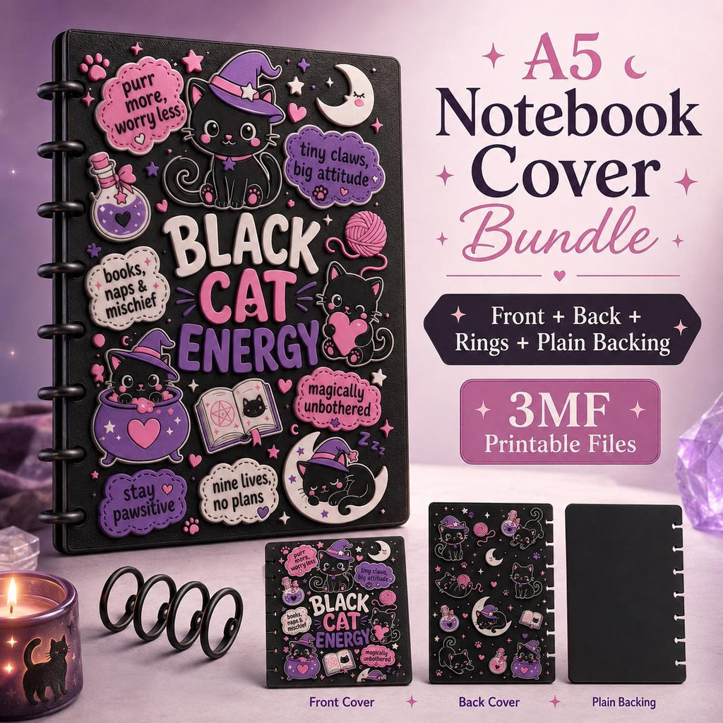 Kawaii Black Cat Energy A5 Notebook Cover 3MF Files | Discbound 3D Print Cover Set | Witchy Cat Planner | Digital Download