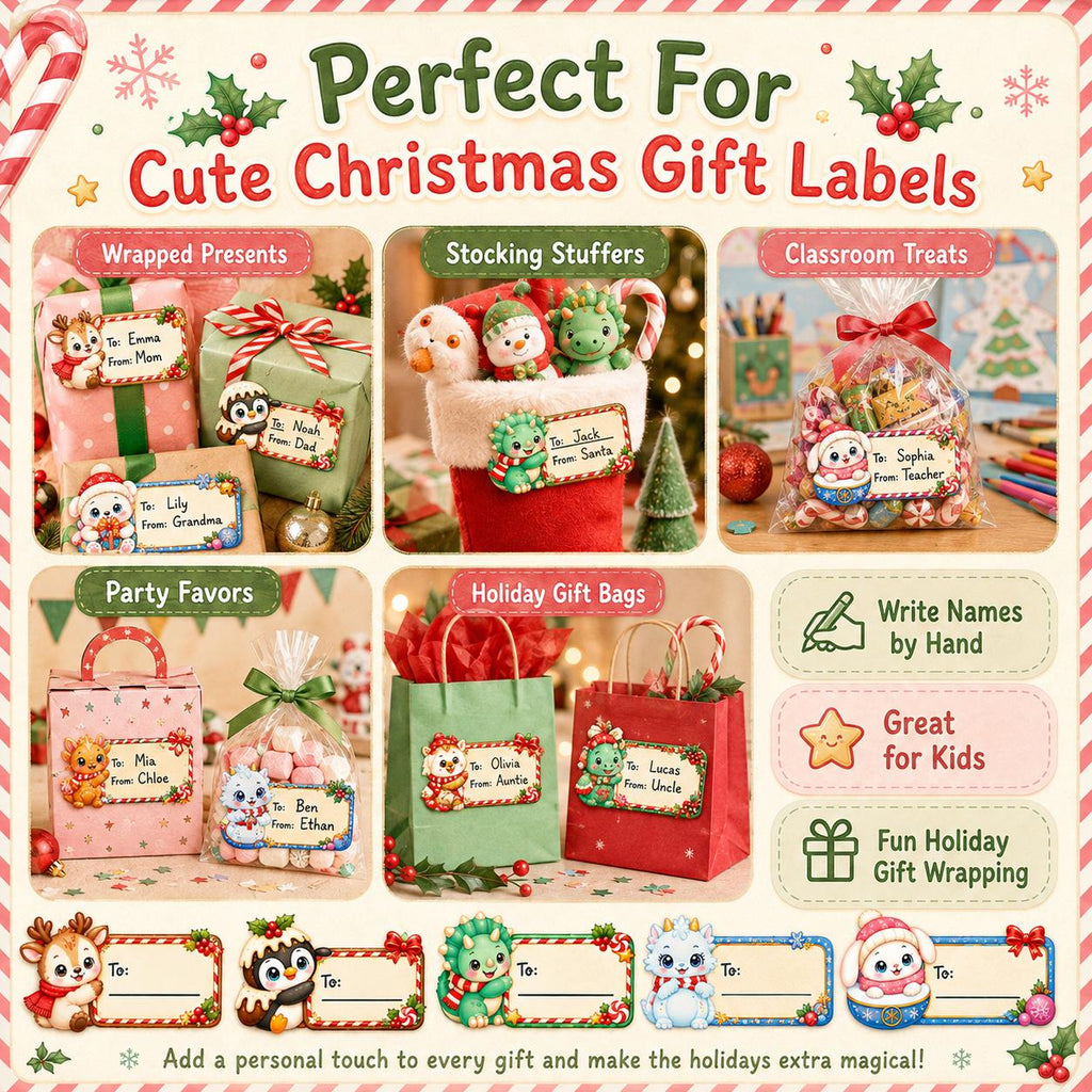Cutie Christmas Name Labels Printable | Kawaii Christmas Gift Tags | DIY Present Stickers | Kids Christmas Labels | To From Gift Labels