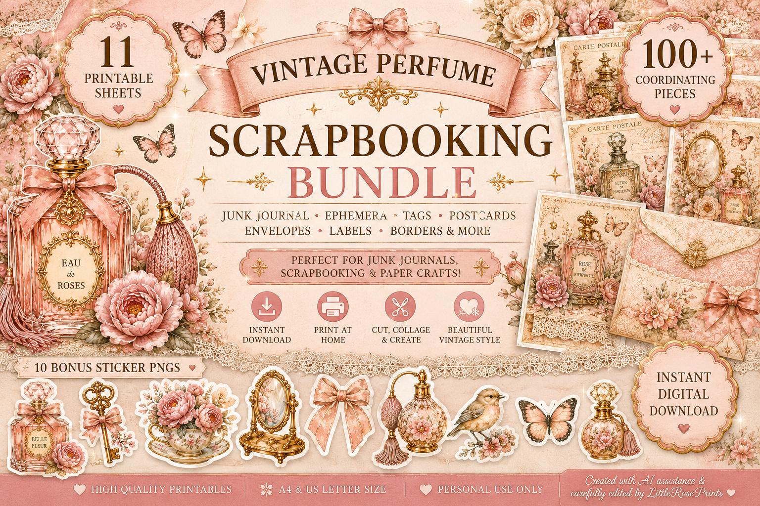 Vintage Perfume Scrapbooking Bundle, Printable Junk Journal Ephemera, Pink Rose Tags, Cards, Envelopes and PNG Stickers