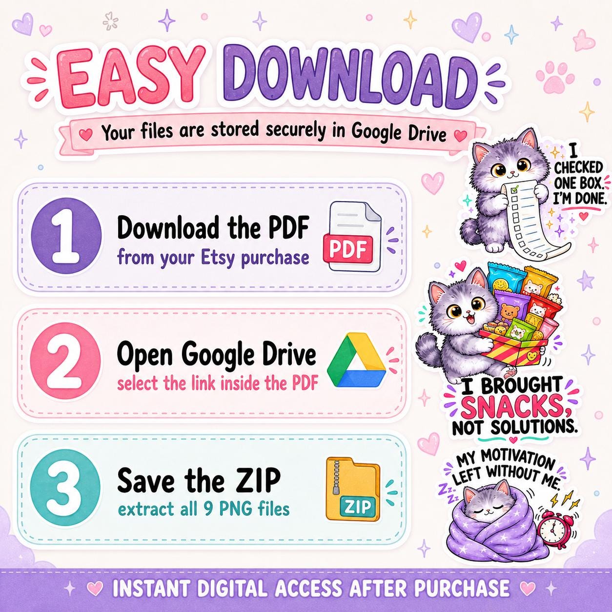 Kawaii Cat PNG Bundle, 9 Funny Digital Stickers for Planners, Journals & Print and Cut