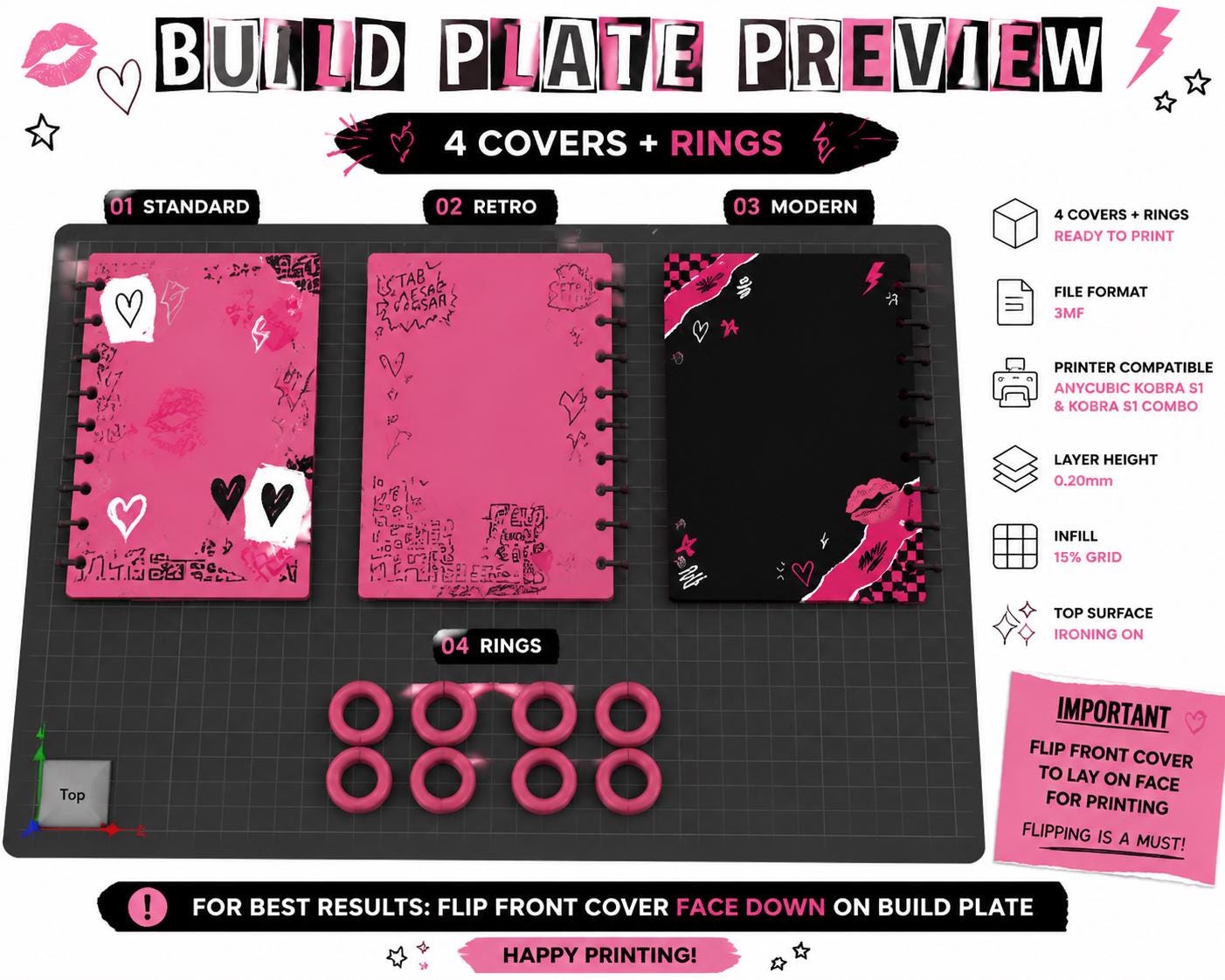 A5 Notebook Cover 3MF Bundle | Pink Mean Girl Inspired Discbound Cover | Front Back Covers + Rings | Printable Journal Cover