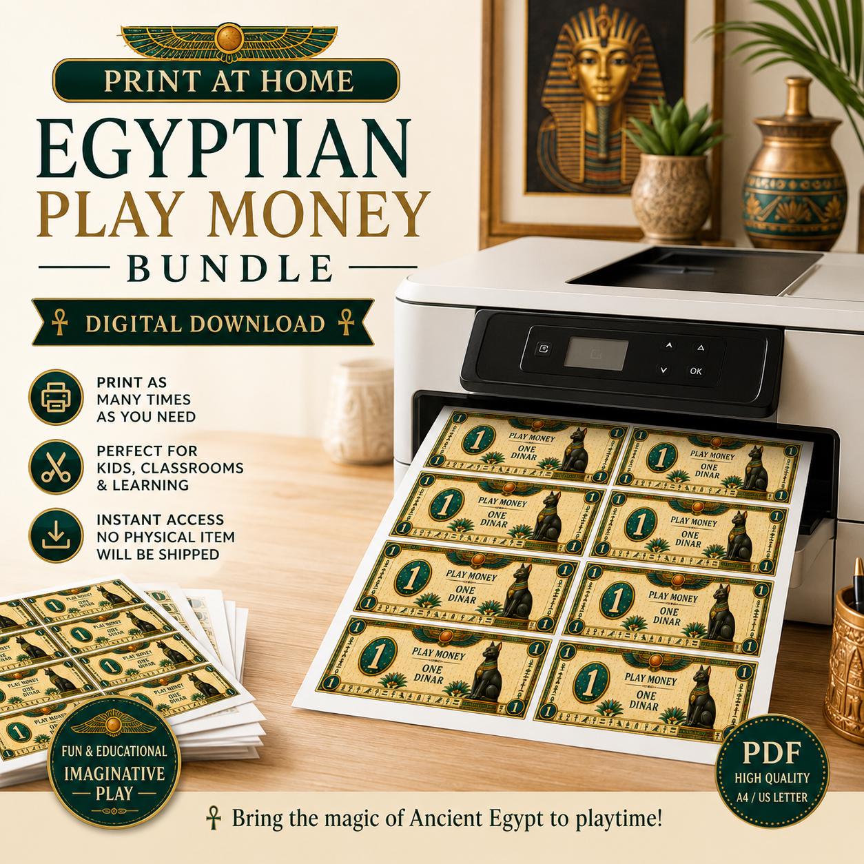 Egyptian Play Money Printable | Ancient Egypt Pretend Money 1 5 10 20 50 100 Dinars | Kids Learning Activity Digital Download | PDF