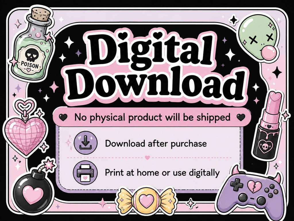 20 Pastel Goth PNG Stickers, Cute Creepy Y2K Clipart Bundle, Kawaii Emo Digital Download for Journals and Scrapbooking