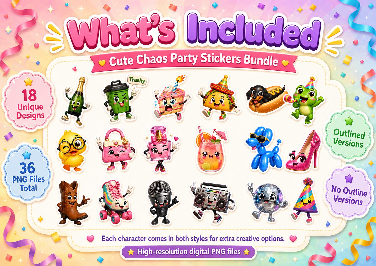 Cute Chaos Party Stickers | 18 Kawaii Party Characters | 36 PNG Files | Outlined and No Outline Clipart