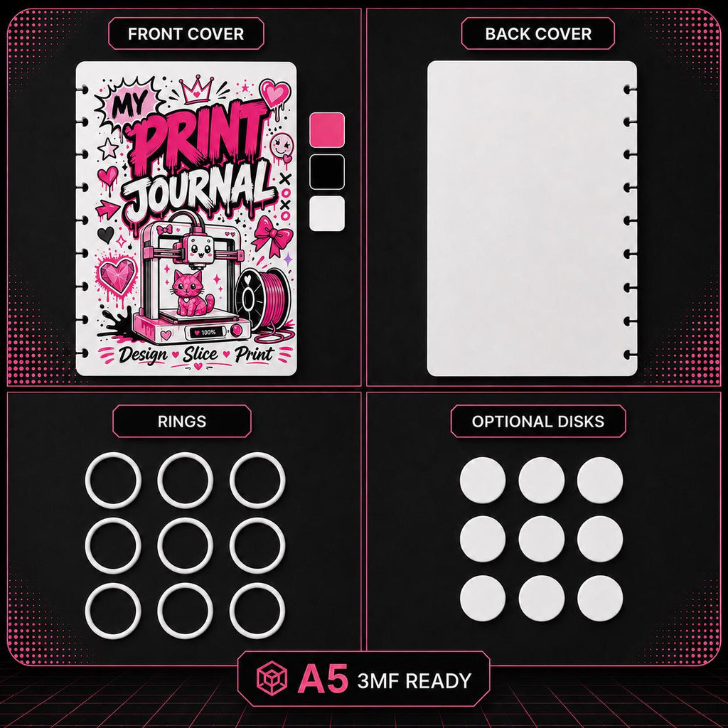 My Print Journal A5 Notebook Cover 3MF File | 3D Printer Project Journal | Front Back Covers Rings | Digital Download