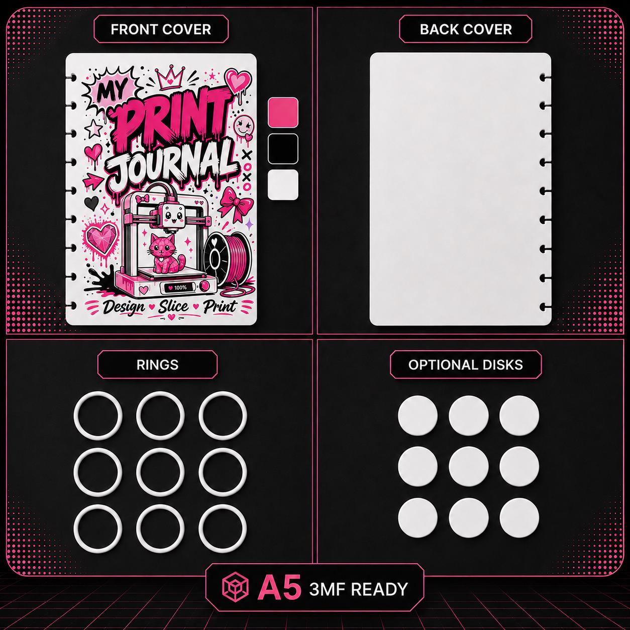 My Print Journal A5 Notebook Cover 3MF File | 3D Printer Project Journal | Front Back Covers Rings | Digital Download