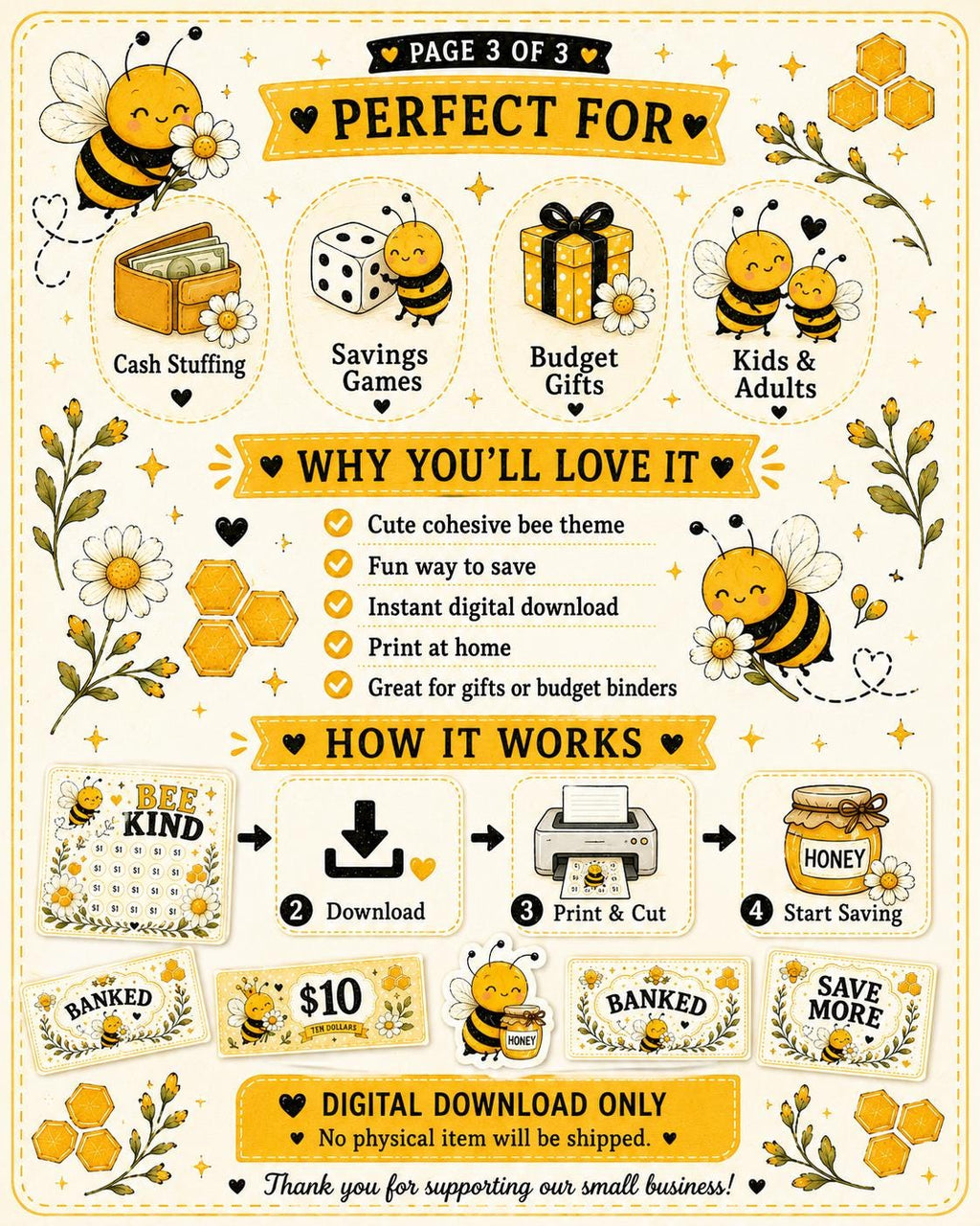 Bee Cash Stuffing Printable Bundle: Savings Challenges, Game Money & Banked Cash Buffer Cards