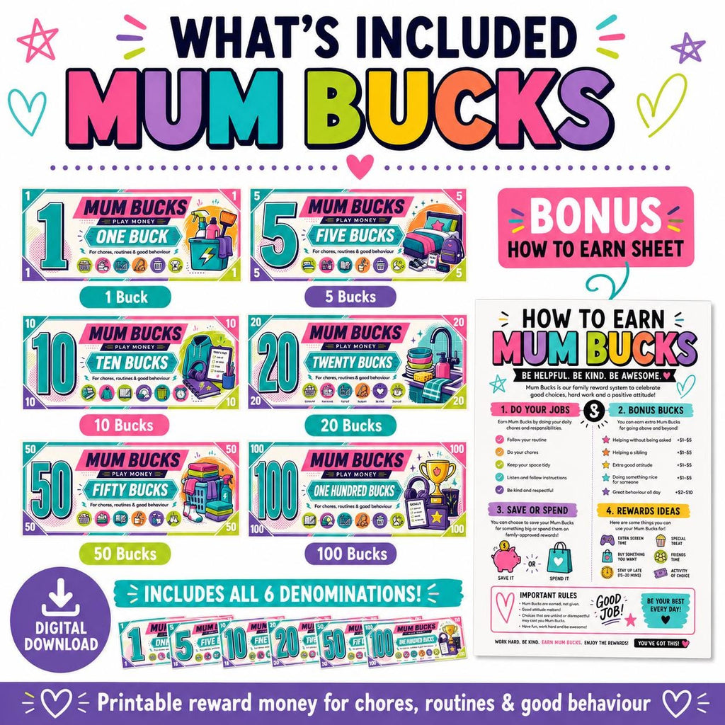 Mum Bucks Printable Reward Money, Chore Chart System, Kids Behaviour Rewards, Digital Download