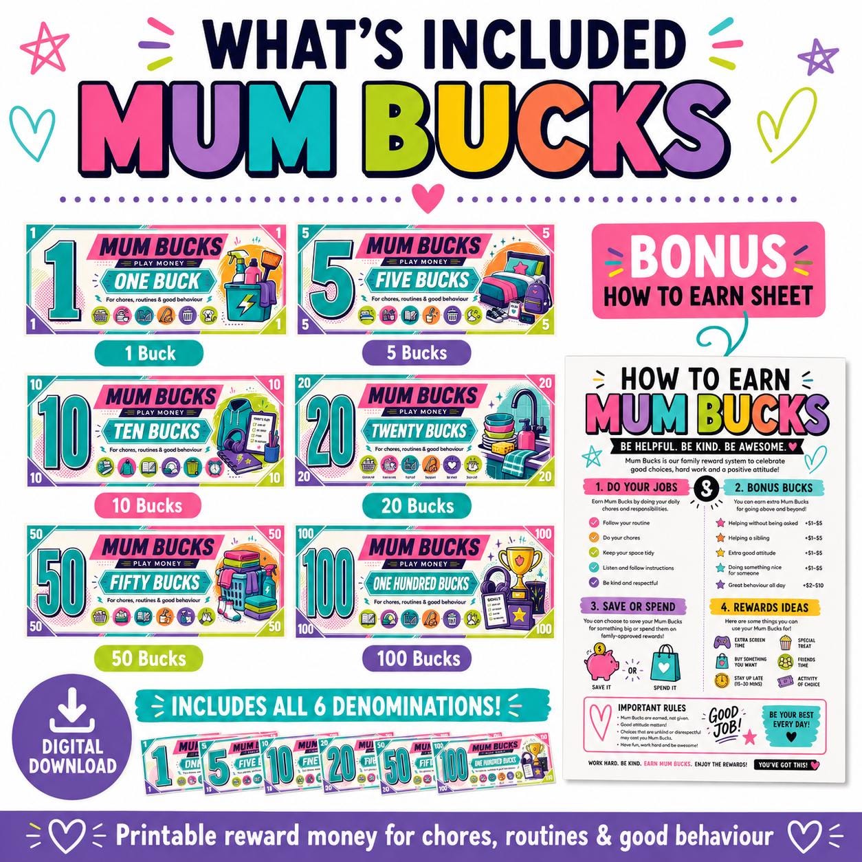 Mum Bucks Printable Reward Money, Chore Chart System, Kids Behaviour Rewards, Digital Download