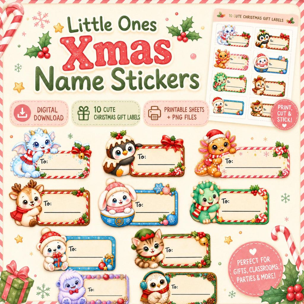 Cutie Christmas Name Labels Printable | Kawaii Christmas Gift Tags | DIY Present Stickers | Kids Christmas Labels | To From Gift Labels