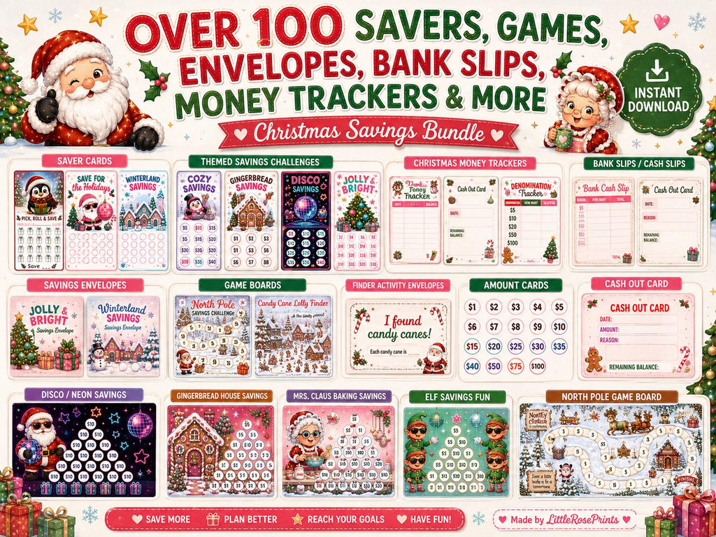 Christmas Savings Challenge Bundle | Over 100 Trackers, Games, Envelopes (Digital Download)