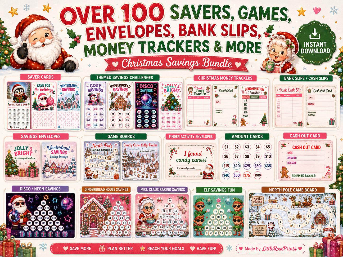 Christmas Savings Challenge Bundle | Over 100 Trackers, Games, Envelopes (Digital Download)