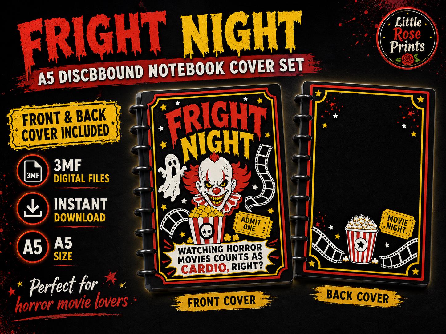 Spooky Movie Night A5 Notebook Cover 3MF Set | Funny Horror Design, Front, Back & Rings | Digital 3D Print Files