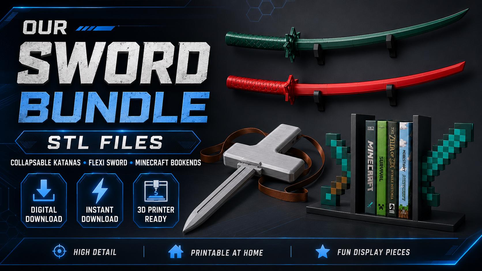 Sword Bundle STL Files, Collapsible Katana 3D Print Files, Flexi Sword, Voxel Sword Bookends, Digital Download, Swords & Accessories