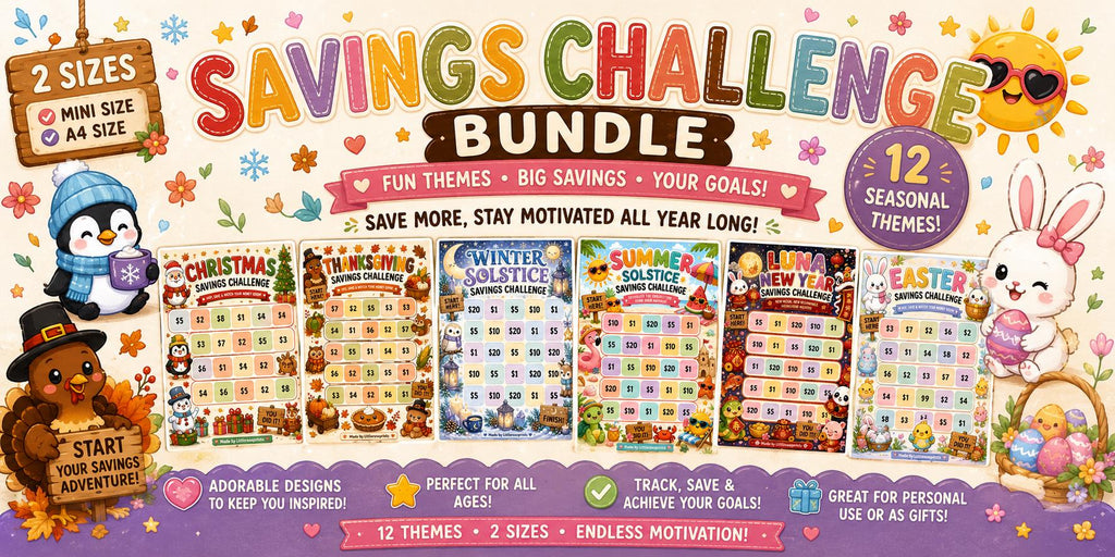 Savings Challenge Bundle PDF, 12 Seasonal Money Saving Trackers, A4 & Mini Cash Stuffing Printable