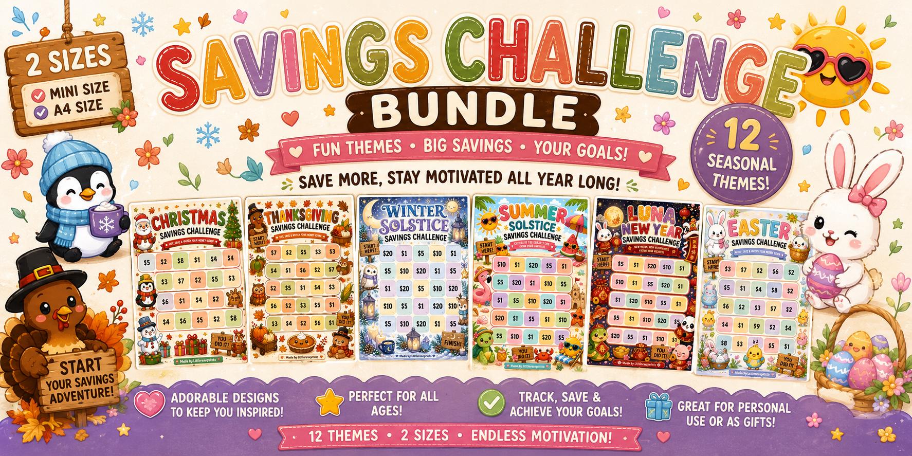 Savings Challenge Bundle PDF, 12 Seasonal Money Saving Trackers, A4 & Mini Cash Stuffing Printable