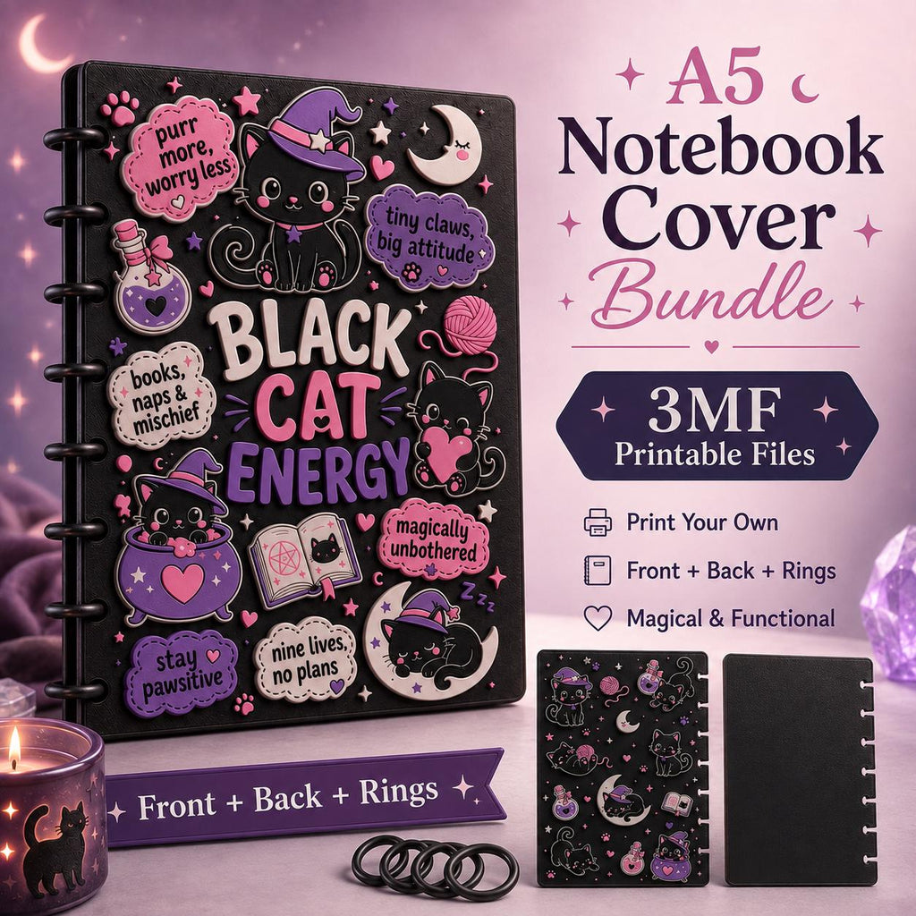 Kawaii Black Cat Energy A5 Notebook Cover 3MF Files | Discbound 3D Print Cover Set | Witchy Cat Planner | Digital Download