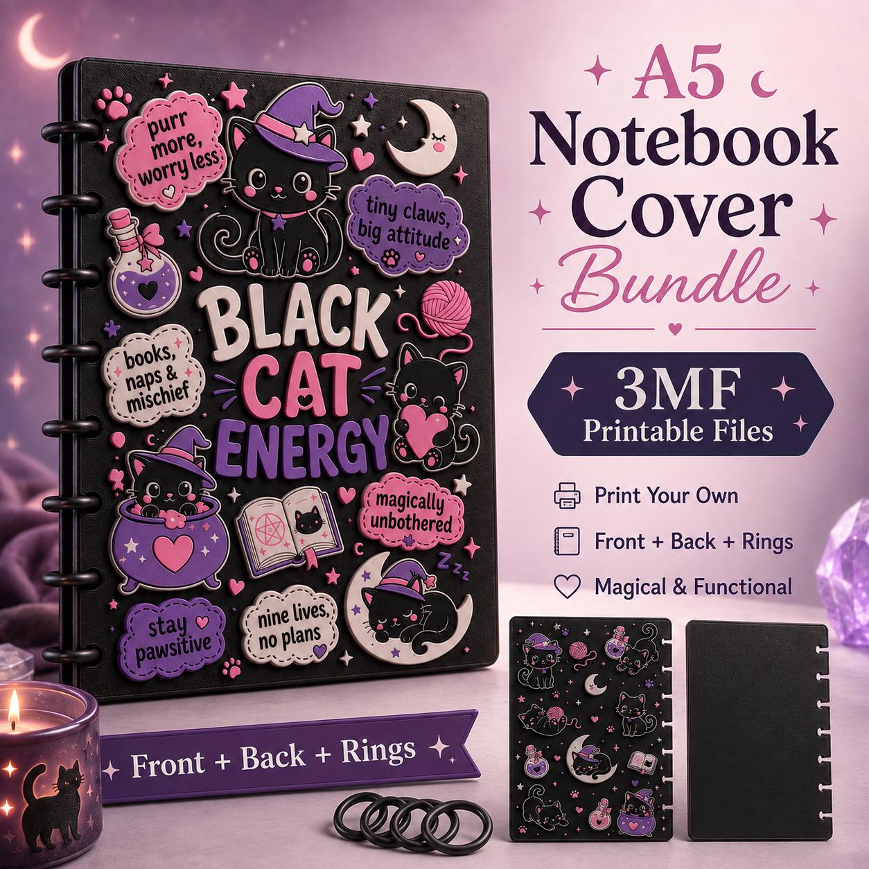 Kawaii Black Cat Energy A5 Notebook Cover 3MF Files | Discbound 3D Print Cover Set | Witchy Cat Planner | Digital Download