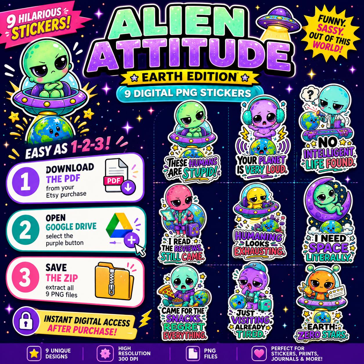 Funny Alien Digital Stickers, 9 Kawaii Sarcastic PNG Downloads