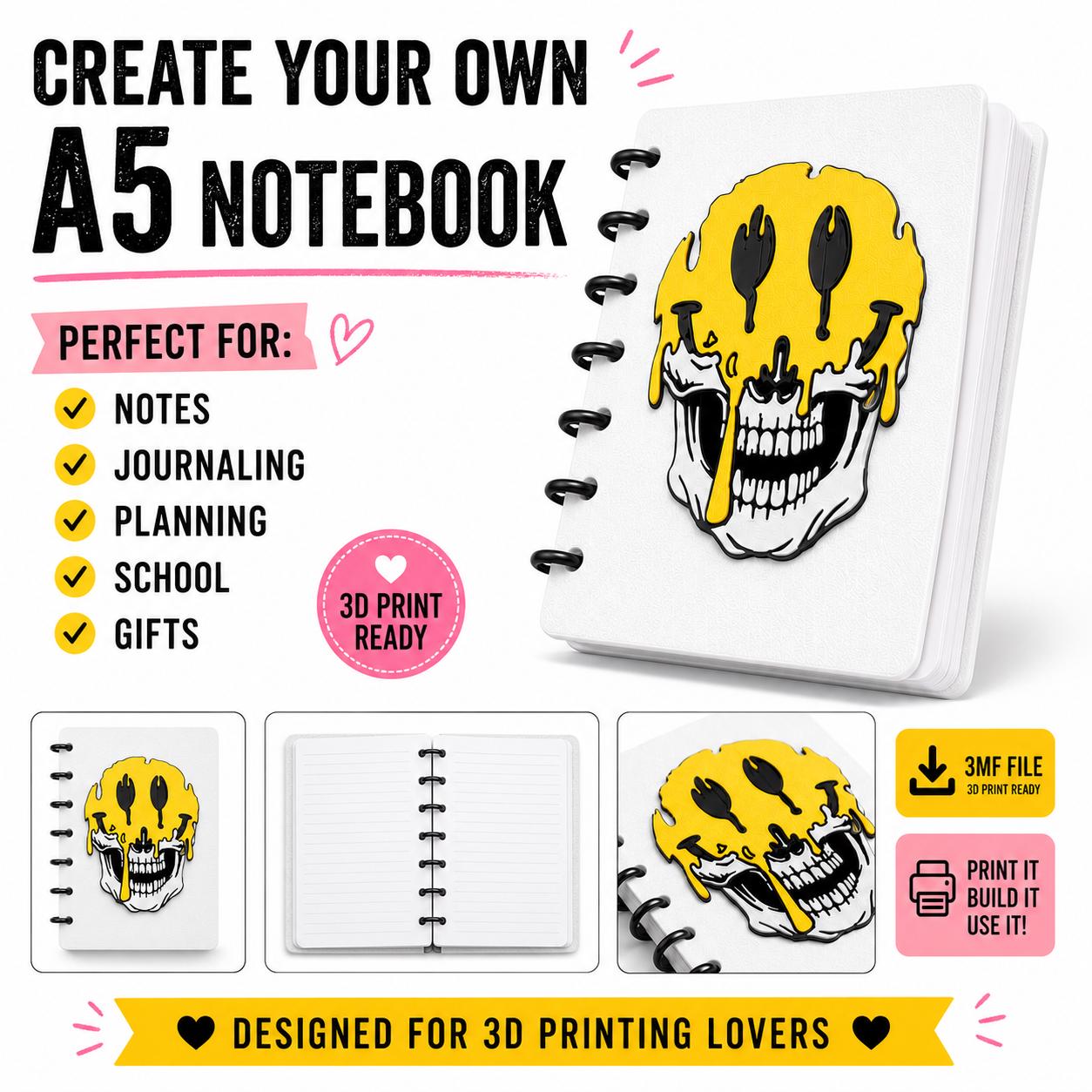 A5 Melting Smiley Skull Notebook Cover 3MF, Multicolour 3D Printable Set