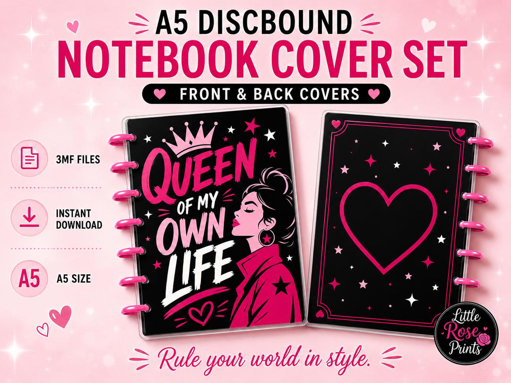 A5 Discbound Notebook Cover 3MF Bundle | 2 Feminine Designs, Queen Back Cover, Rings & Optional Discs | 3D Print Files